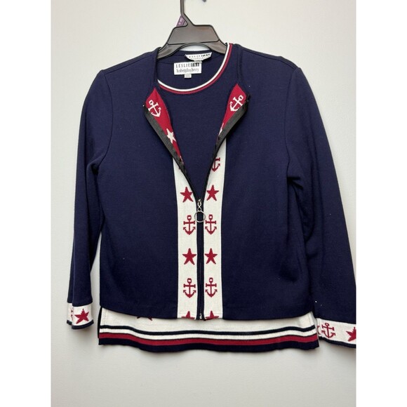 Leslie Fay Haberdashery 2 Piece Coastguard Set Short Sleeve Sweater & Cardigan L - Picture 1 of 6